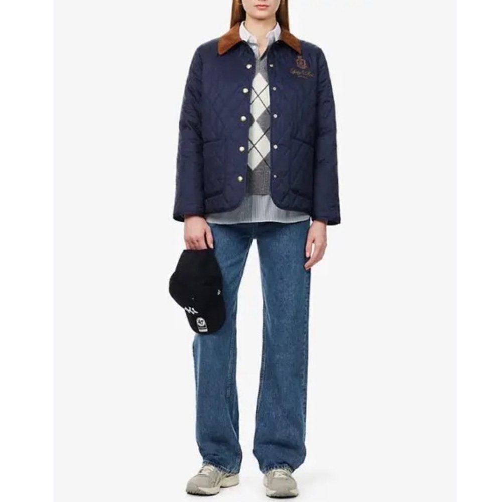 SPORTY & RICH Navy Blue Darcy Quilted Embroidered Logo Jacket size Large